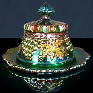 Antique Northwood Grape and Cable Patterned Carnival Glass Butter Dish
